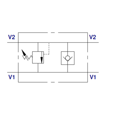 Pressure relief valve with crossover limiting + anti-cavitation valve, type VAUAC